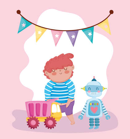 toys object for small kids to play cartoon, cute boy with robot and truck vector illustrationのイラスト素材