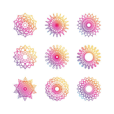 mandala decoration ornament flower motif ethnic oriental gradient style icon set vector illustrationのイラスト素材