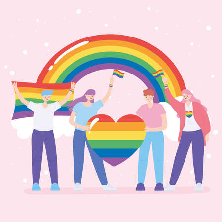 LGBTQ community, young women holds rainbow heart love and flags, gay parade sexual discrimination protest vector illustrationのイラスト素材