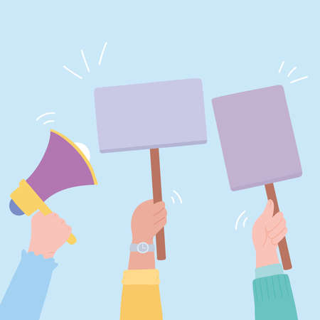 manifestation protest activists, raised hands with megaphone and placards vector illustration