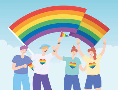 LGBTQ community, diverse group with rainbow flag, gay parade sexual discrimination protest vector illustrationのイラスト素材