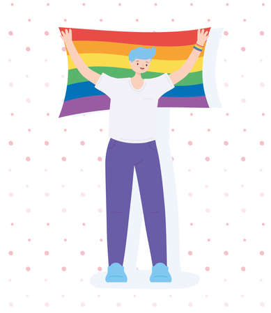 LGBTQ community, man with blue hair holds flag rainbow, gay parade sexual discrimination protest vector illustrationのイラスト素材