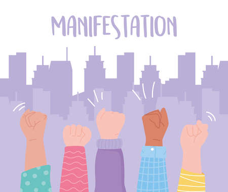 manifestation protest activists, hands up message protesting in the city vector illustrationのイラスト素材
