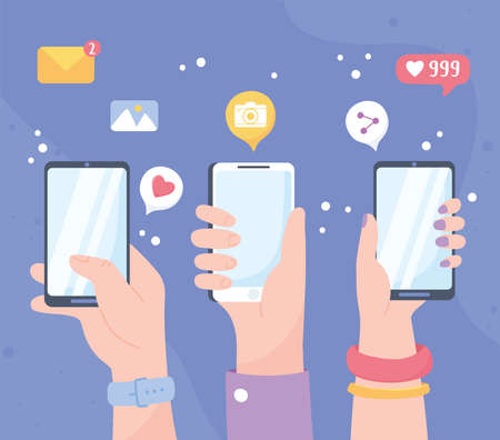 raised hands with mobile share like follow chat, social network communication system and technologies vector illustrationのイラスト素材