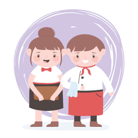 cute waitress female and male professional cartoon character vector illustrationのイラスト素材