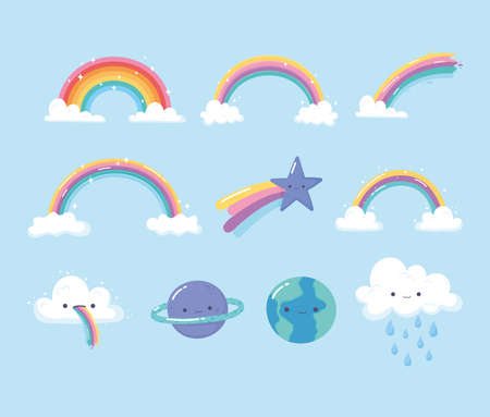 rainbows planets shooting star with clouds sky cartoon icons vector illustrationのイラスト素材