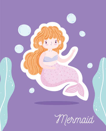 little beautiful blonde mermaid bubbles underwater cartoon vector illustrationのイラスト素材