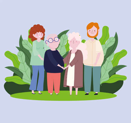 family father mother and grandparents nature leaves cartoon character vector illustration