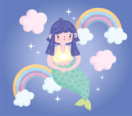 cute little mermaid bright rainbows clouds pretty cartoon vector illustrationのイラスト素材