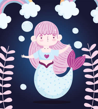 cute little mermaid fantansy rainbow bubbles and seaweed cartoon dark background vector illustrationのイラスト素材