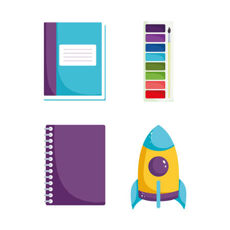 back to school, notebook book watercolor palette and rocket elementary education cartoon vector illustrationのイラスト素材
