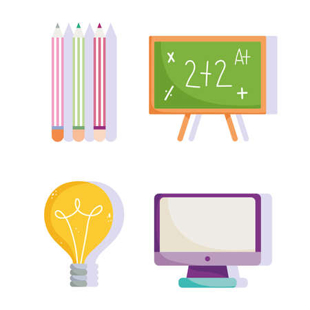 back to school, chalkboard computer pencils color idea elementary education cartoon icons vector illustrationのイラスト素材