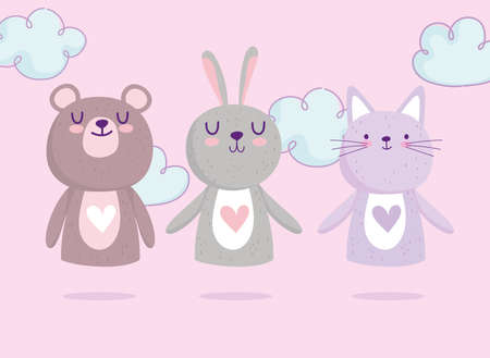 baby shower, cute bear rabbit and cat hearts love adorable cartoon vector illustrationのイラスト素材