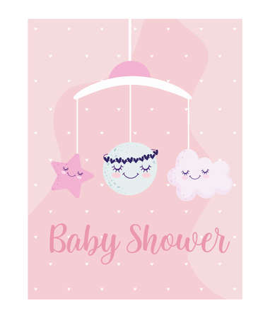 baby shower, cute crib mobile with cloud moon and star cartoon, theme invitation card vector illustrationのイラスト素材