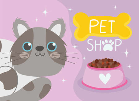 pet shop, spotted gray cat and bowl food cartoon domestic animal vector illustrationのイラスト素材