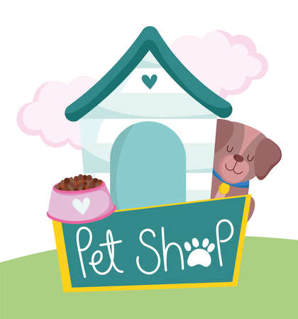 pet shop, cute dog animal house bowl food and board cartoon vector illustrationのイラスト素材