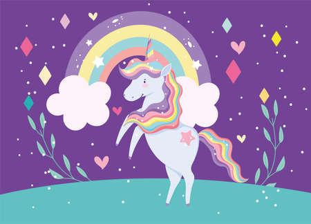 cute unicorn magic fantasy rainbow clouds hearts night cartoon vector illustrationのイラスト素材
