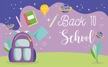 back to school, backpack pencils books planets space elementary education cartoon vector illustrationのイラスト素材