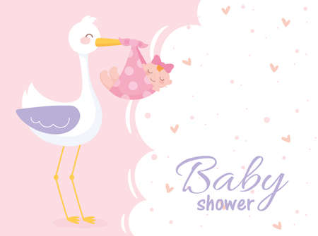 baby shower, girl in blanket with stork welcome newborn celebration card vector illustrationのイラスト素材