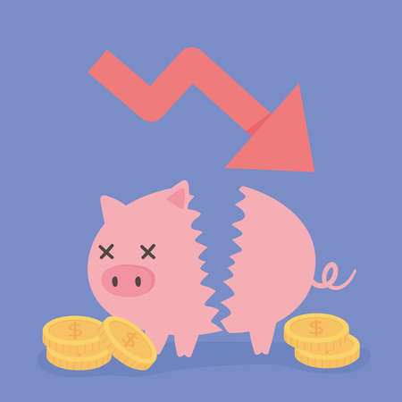 bankruptcy downward arrow broken piggy bank coins money business financial crisis vector illustrationのイラスト素材