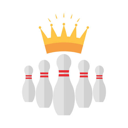 bowling skittles with stripes and crown prize game recreational sport flat icon design vector illustrationのイラスト素材