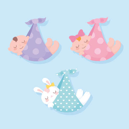 baby shower, hanging babies and rabbit on blankets, welcome newborn celebration card vector illustrationのイラスト素材