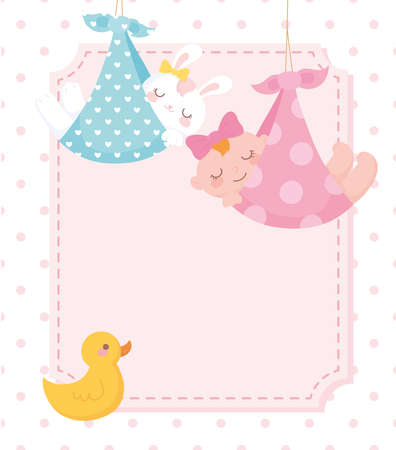 baby shower, hanging little girl and bunny in blanket with duck, welcome newborn celebration card vector illustrationのイラスト素材