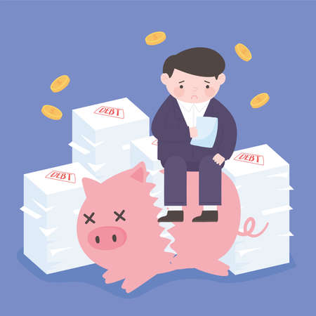 bankruptcy man sitting on stack of papers debt and broken piggy bank falls coins business crisis vector illustrationのイラスト素材