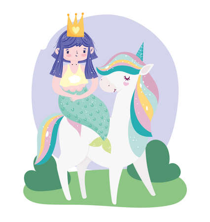 unicorn carrying mermaid rainbow hair fantasy dream cartoon vector illustrationのイラスト素材