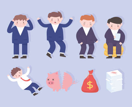bankruptcy sad businessmen broken piggybank money business process financial crisis vector illustrationのイラスト素材
