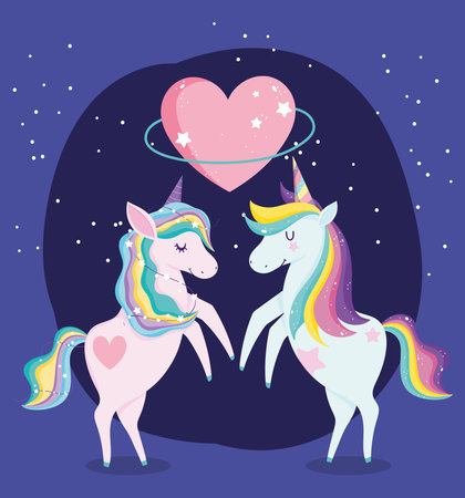 unicorns with rainbow mane heart love fantansy cartoon vector illustrationのイラスト素材