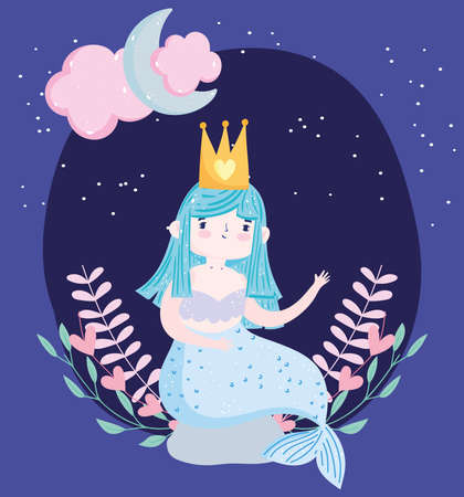 cute little mermaid sitting on rock with foliage moon cloud cartoon vector illustrationのイラスト素材