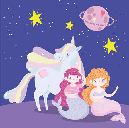 mermaids and unicorn planet love stars heart magic cartoon vector illustrationのイラスト素材
