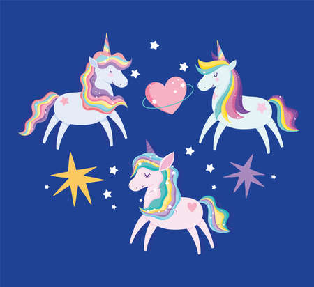 unicorns with rainbow mane bright stars heart love fantasy cartoon vector illustrationのイラスト素材