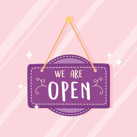 we are open sign, hanging purple signboard text design vector illustrationのイラスト素材