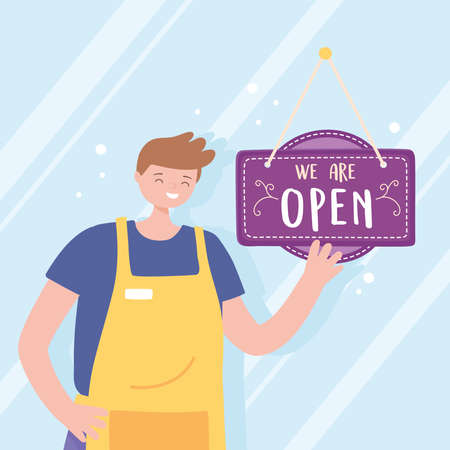 we are open sign, young employee with hanging signboard cartoon vector illustrationのイラスト素材