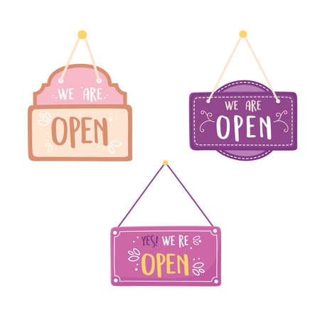 we are open hanging signs message isolated on white background vector illustrationのイラスト素材