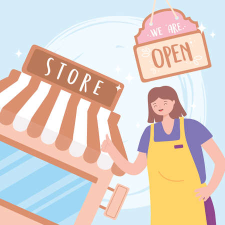 we are open sign, young woman employee with apron store board cartoon vector illustrationのイラスト素材