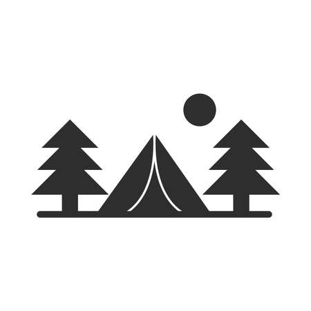 camping tent pine trees sun landscape silhouette icon design vector illustrationのイラスト素材