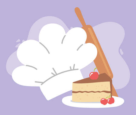 chef hat slice cake with fruits and roller pin cartoon vector illustration