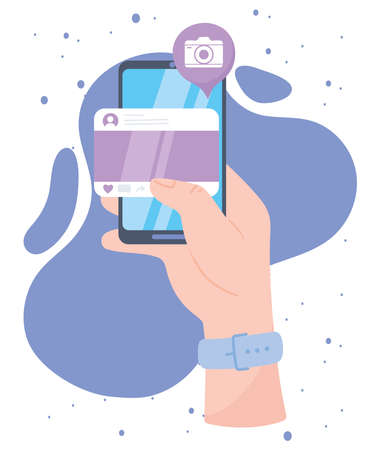 hand with smartphone website camera app social network communication and technologies vector illustrationのイラスト素材