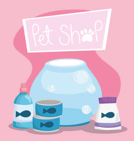 pet shop, glass bowl medicine bottle pack food animal domestic cartoon vector illustrationのイラスト素材