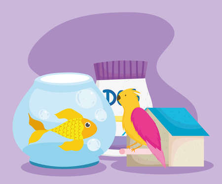 pet shop, fish bird house and package food animal domestic cartoon vector illustrationのイラスト素材