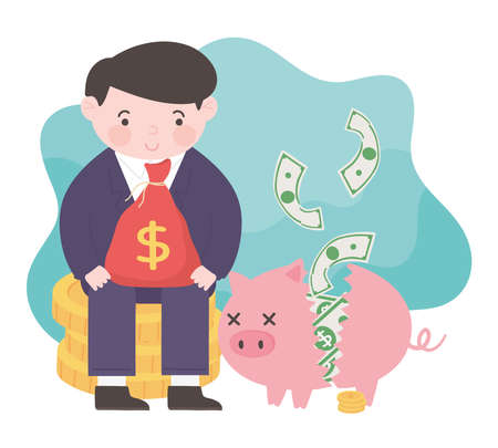 bankruptcy sad businessman piggy bank money bag business financial crisis vector illustrationのイラスト素材