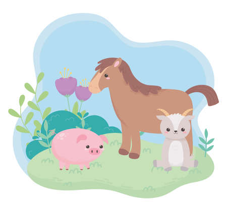 cute horse goat piggy flowers bush grass cartoon animals in a natural landscape vector illustrationのイラスト素材