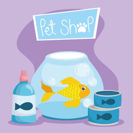 pet shop, fish in bowl medicine bottle and food animal domestic cartoon vector illustrationのイラスト素材
