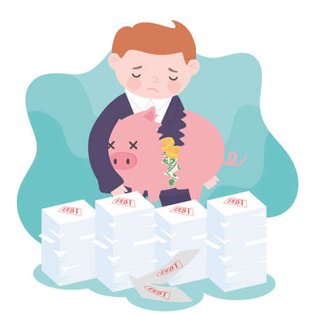 bankruptcy sad businessman holding broken piggy bank with money and debt papers business financial crisis vector illustrationのイラスト素材