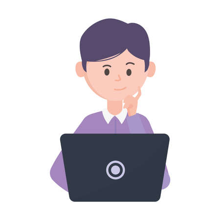 young man using laptop computer social network isolated on white background vector illustrationのイラスト素材