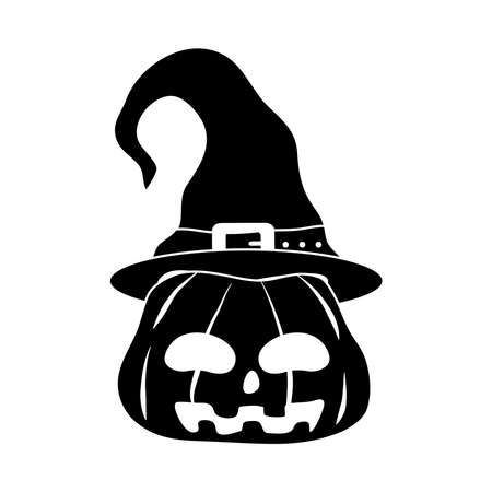 happy halloween, pumpkin with hat trick or treat party celebration silhouette icon vector illustrationのイラスト素材