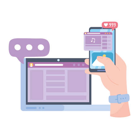 hand with smartphone laptop content follow chat social network communication and technologies vector illustrationのイラスト素材